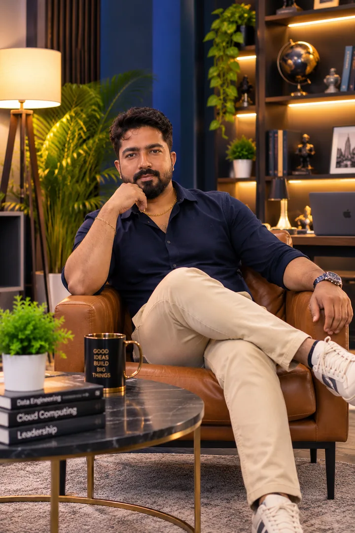 Saravana Kumar seated in a professional workspace, wearing a navy shirt and beige trousers